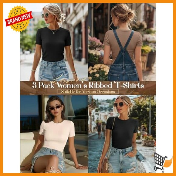 3 Pack Women's Ribbed Cotton Tees Slim Fit Short Sleeve Crewneck Tops - Picture 4 of 8